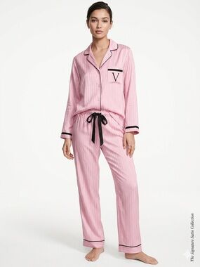 Victoria's Secret Pink Striped Satin Pajamas Set V Logo Long Sleeve PJs M